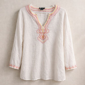 Carole Little 1X White Linen Embroidered Tunic Top Boho Side Slits